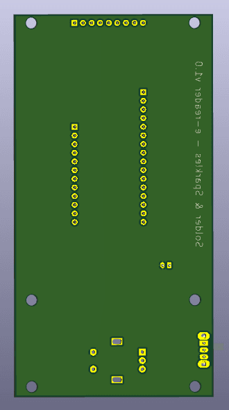 3D render of the e-reader PCB back: solid copper ground pour with 'Solder & Sparkles — e-reader v1.0' in silkscreen